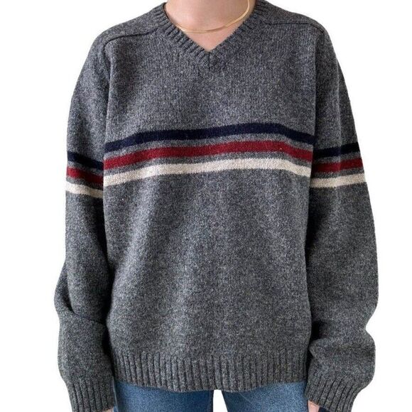 Vintage Mens J Crew 100% Wool Gray Striped Preppy V Neck Sweater XL - Picture 4 of 7